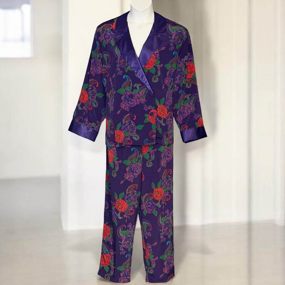 Vintage 80s Victoria’s Secret Purple Satin Pajama Lounge Set Sz L Paisley Floral